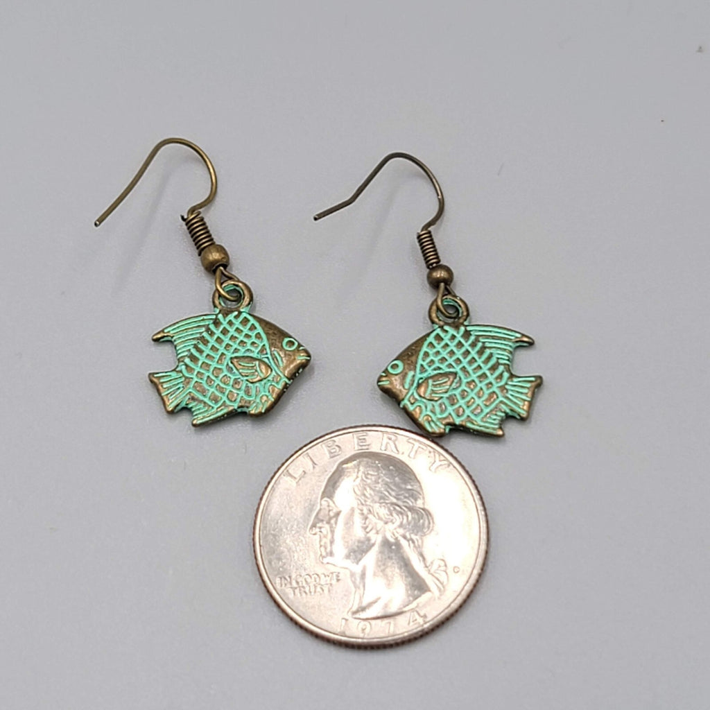 Fish Beach Sea life Pierced Earrings Bronze tone Green wash Dangle 5/8"