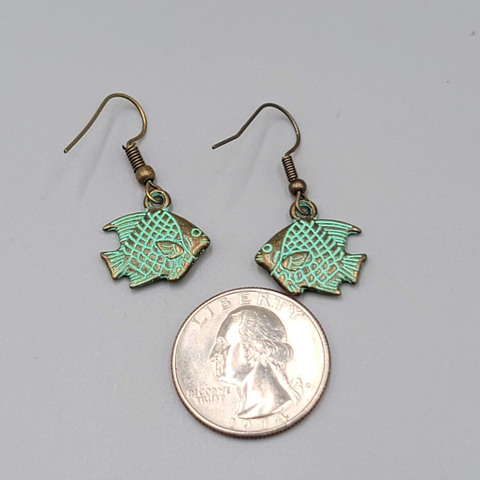 Fish Beach Sea life Pierced Earrings Bronze tone Green wash Dangle 5/8"