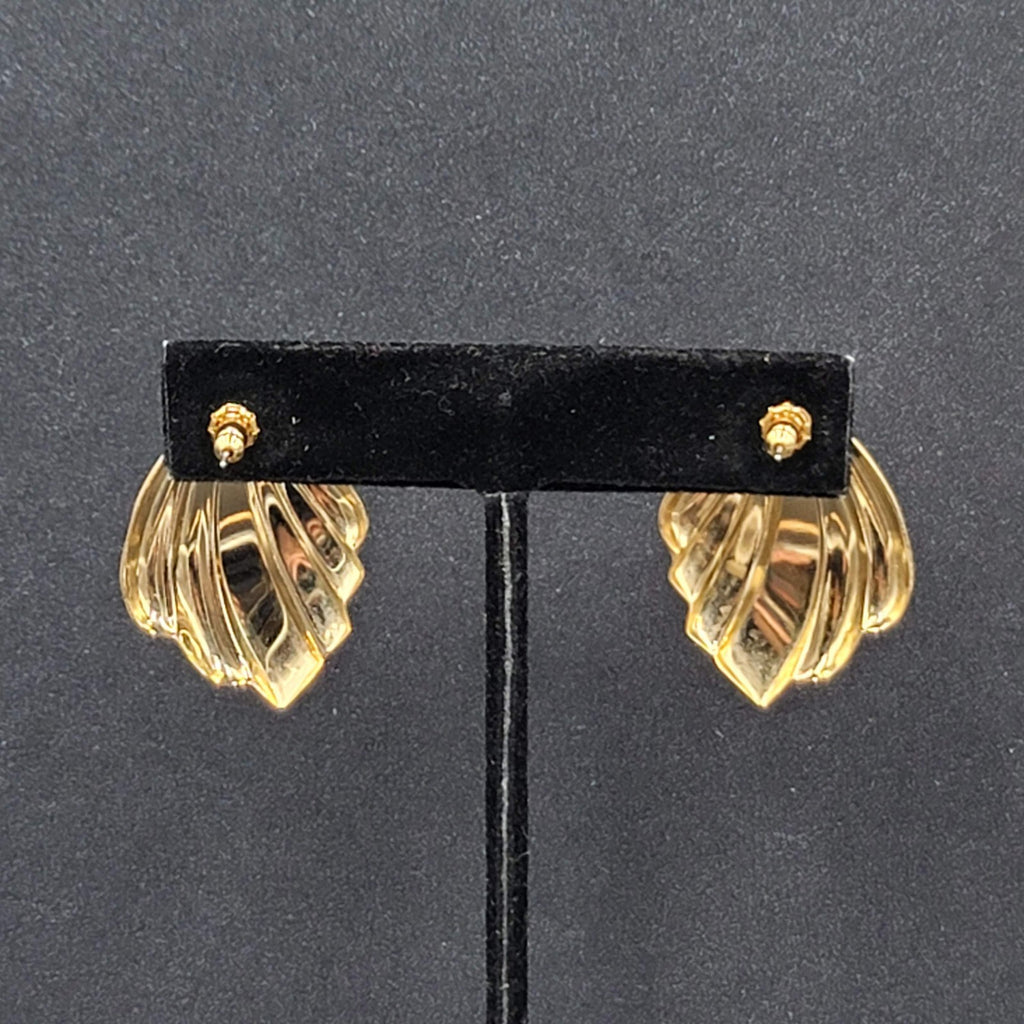 Vintage Pierced Earrings Gold tone Tan Swirl Enamel Drop 1.25" Lightweight