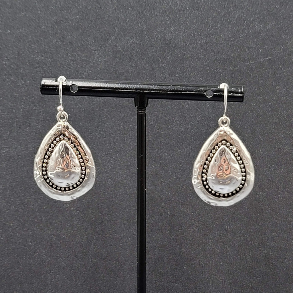 Pierced Earrings Silver Plated Hammered Metal Teardrop Dangle 1"