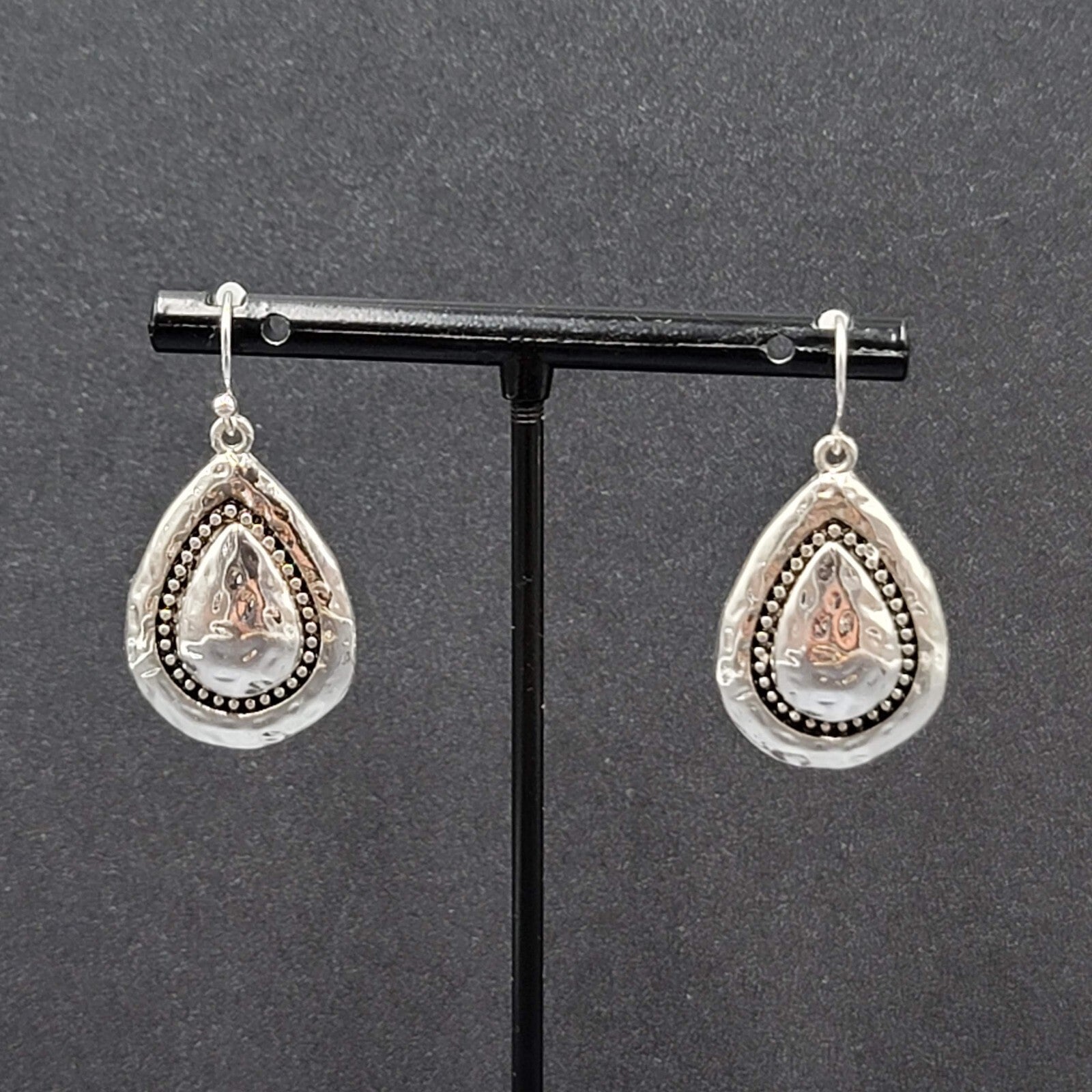 Pierced Earrings Silver Plated Hammered Metal Teardrop Dangle 1"