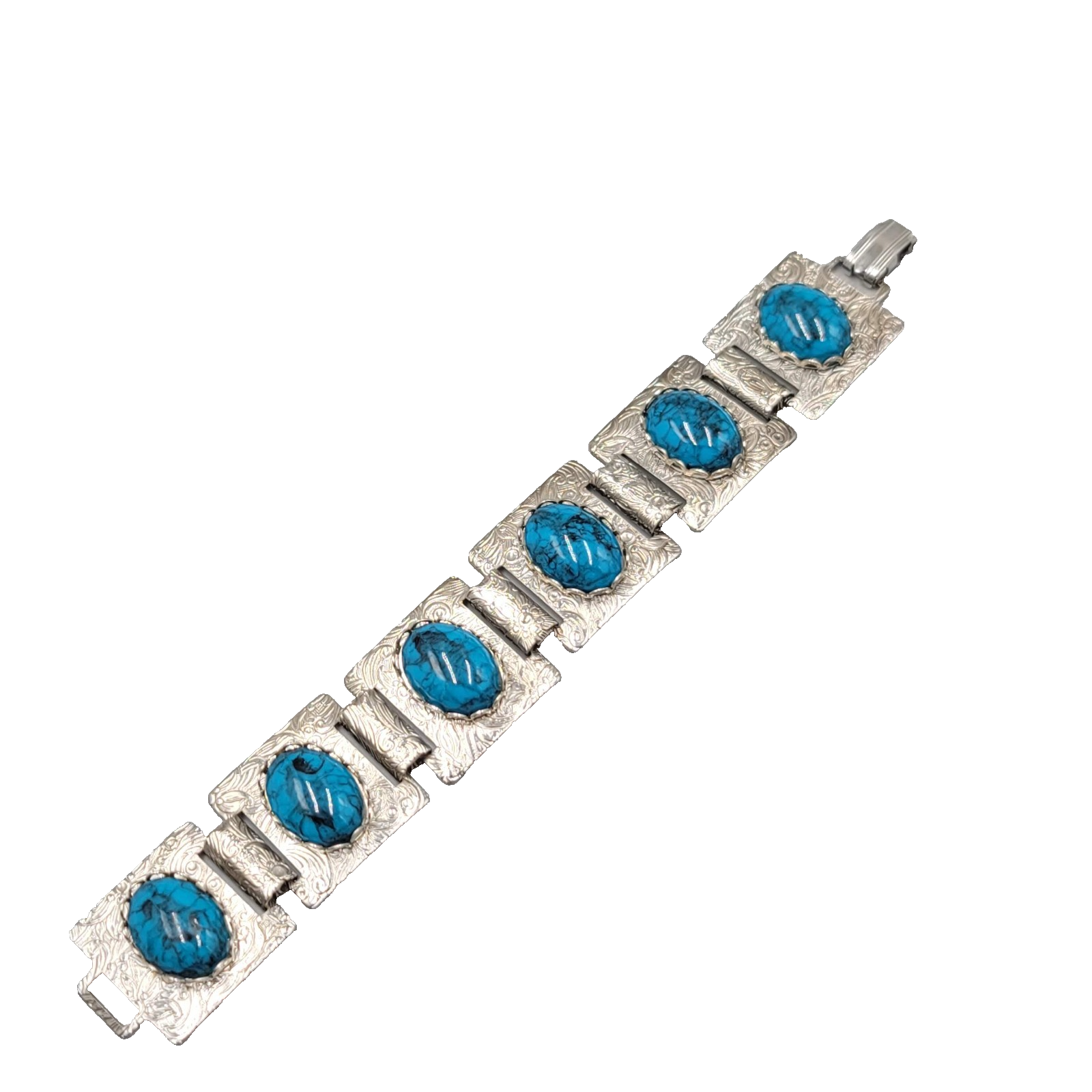 Vintage Panel Bracelet Silver tone Blue Black Cabochon 6.5 in