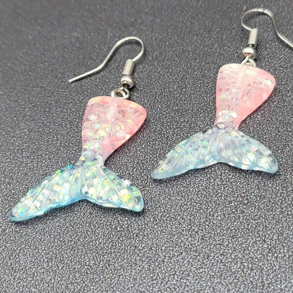 Mermaid Tail Pierced Earrings Pink Blue Glitter Resin Dangle 1.25"
