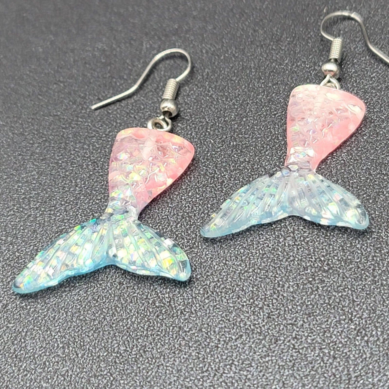Mermaid Tail Pierced Earrings Pink Blue Glitter Resin Dangle 1.25"