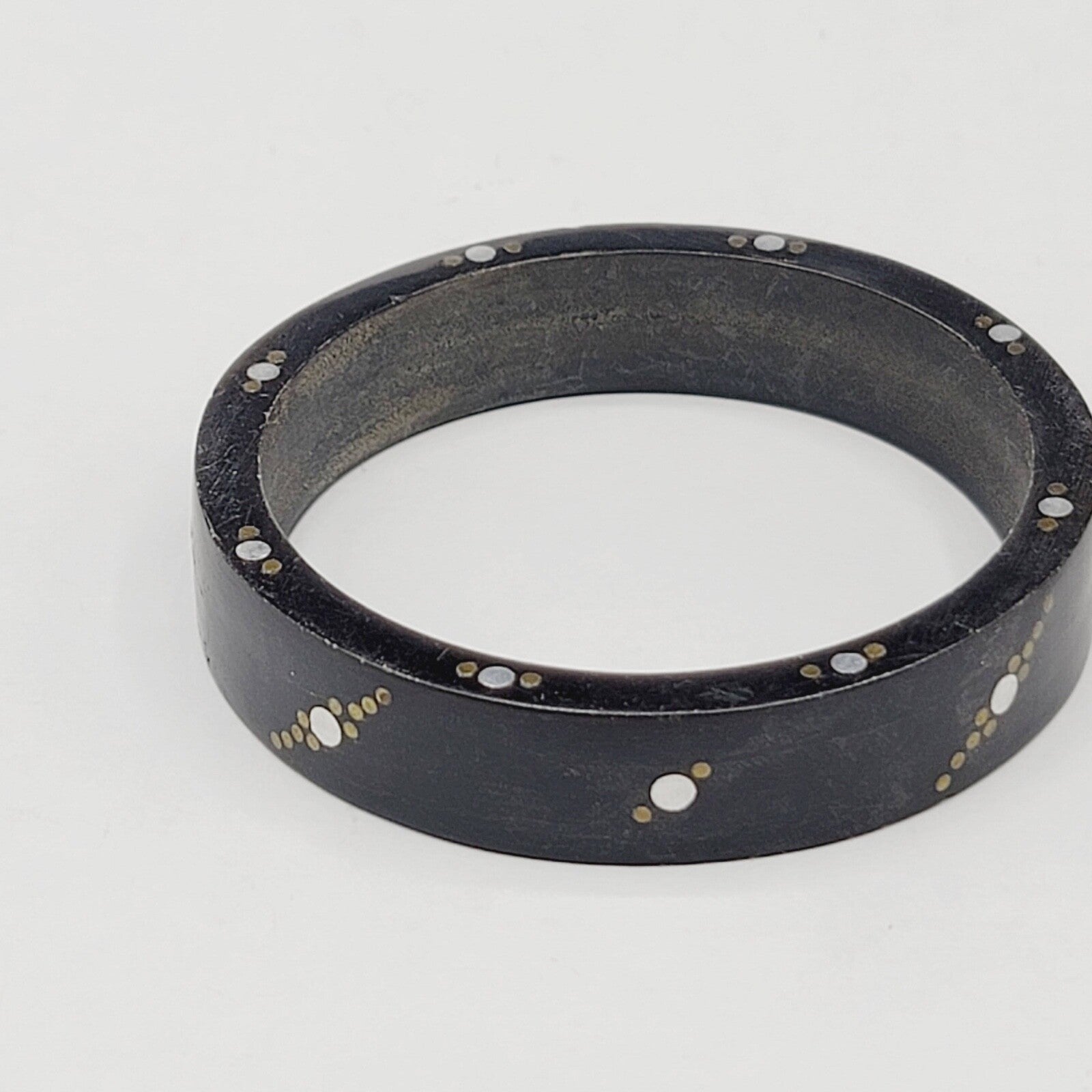 Wood Bangle Bracelet Inlay Brass and Nickel Boho Ethnic Unique 8 in