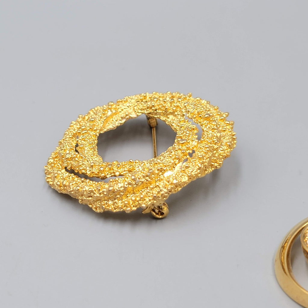 Vintage Gold Tone Circle Brooch Pin Lot of 2 Textured Swirl Rhinestone