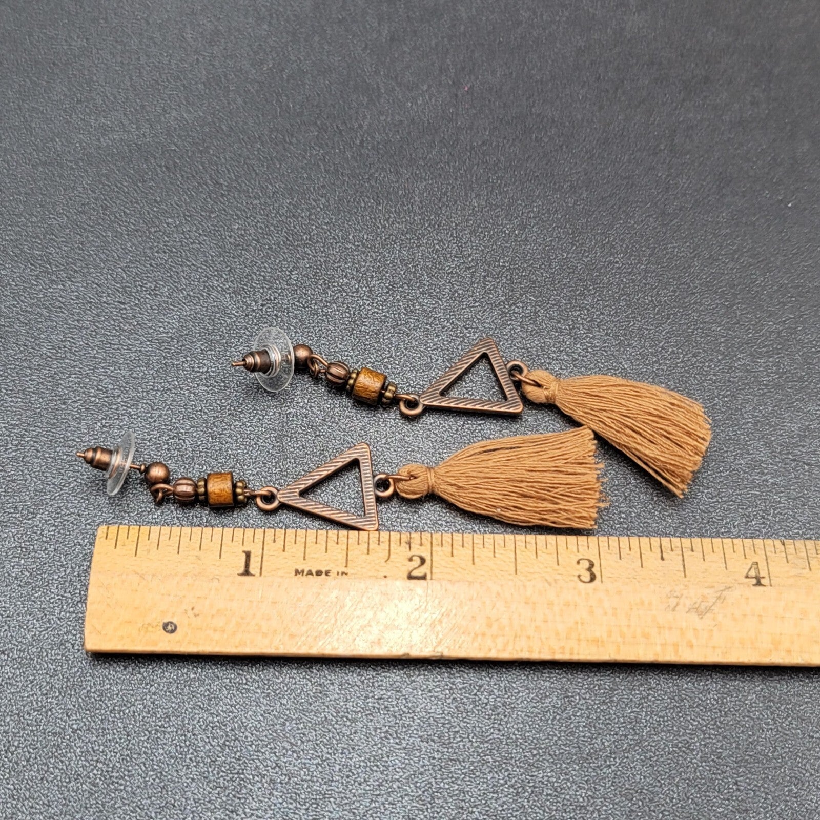 Tassel Pierced Earrings Bronze tone Wood Triangle Dangle 2.75"
