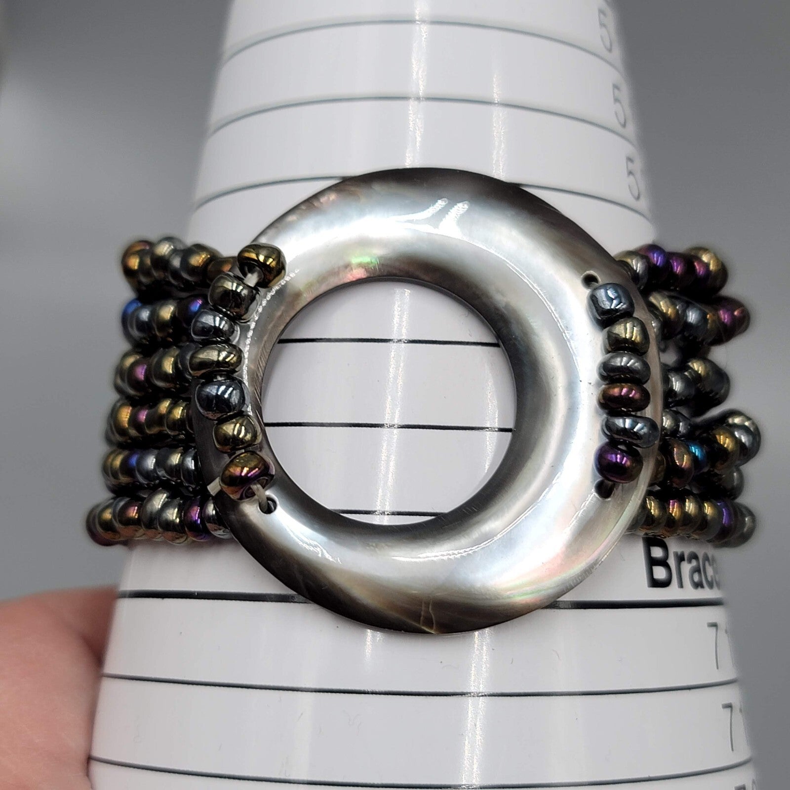 Multi Strand Glass Seed Bead Bracelet with Abalone Shell Ring Accent 6.75 in