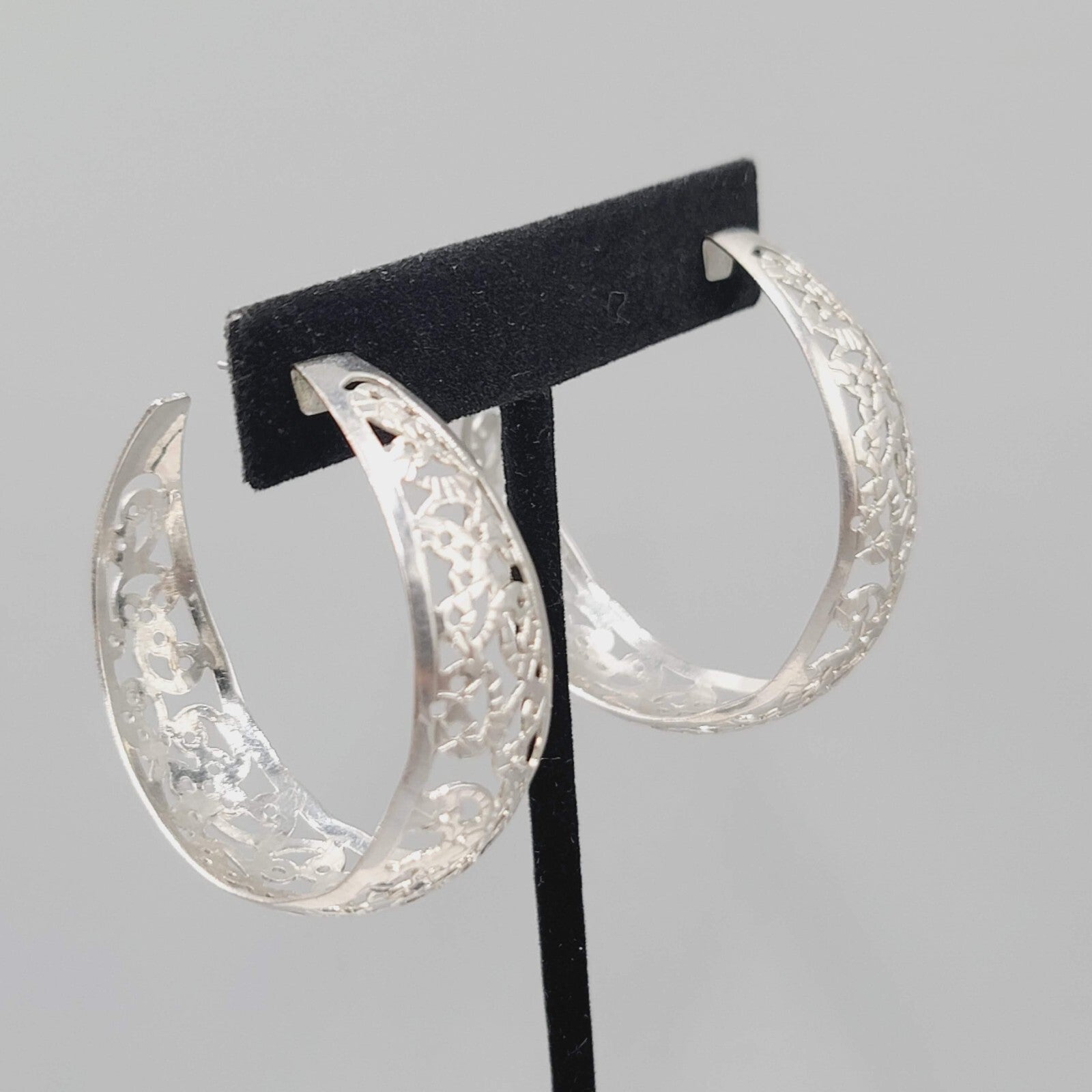 Filigree Hoop Pierced Earrings Drop Silver tone 1.75"