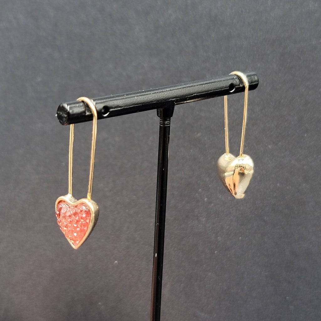 Pierced Earrings Gold Plated Pink Heart Dangle Loops 1 3/8"
