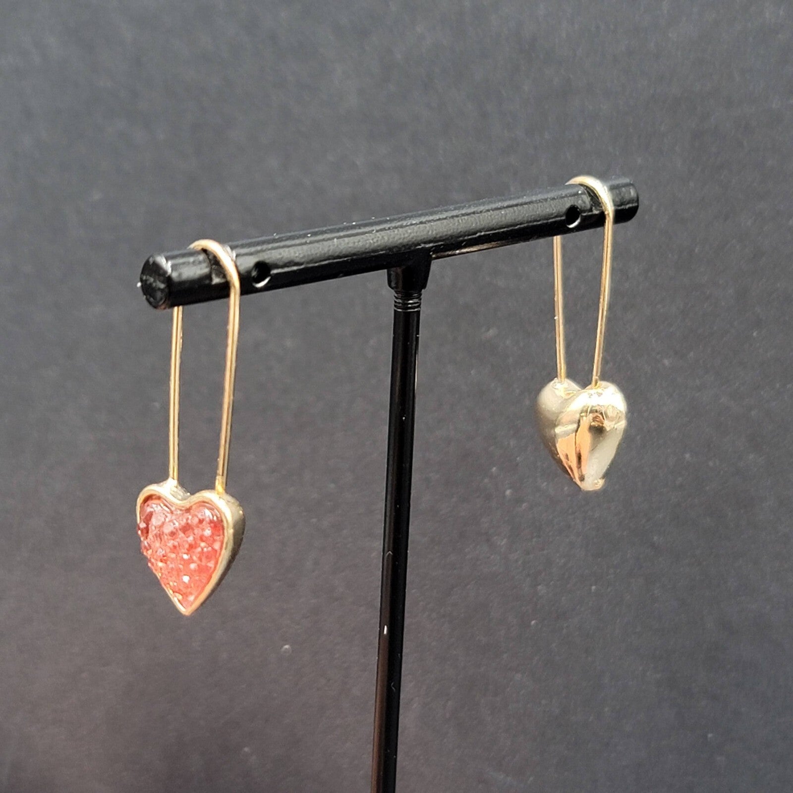 Pierced Earrings Gold Plated Pink Heart Dangle Loops 1 3/8"