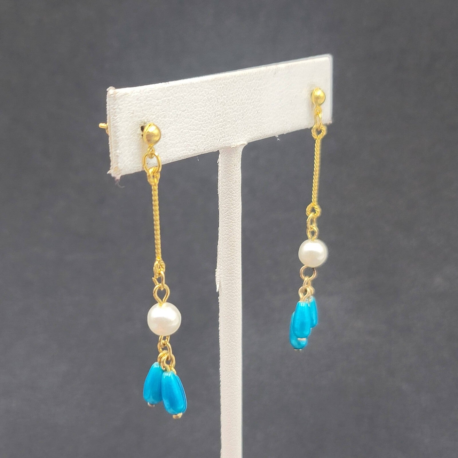 Pierced Earrings Gold Plated Bright Blue Beads Faux Pearl Dangle 2.25"