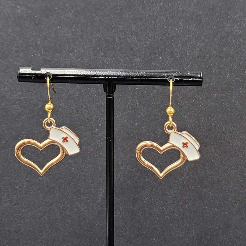 Nurse Heart Pierced Earrings Red White Enamel Gold tone Dangle 3/4"