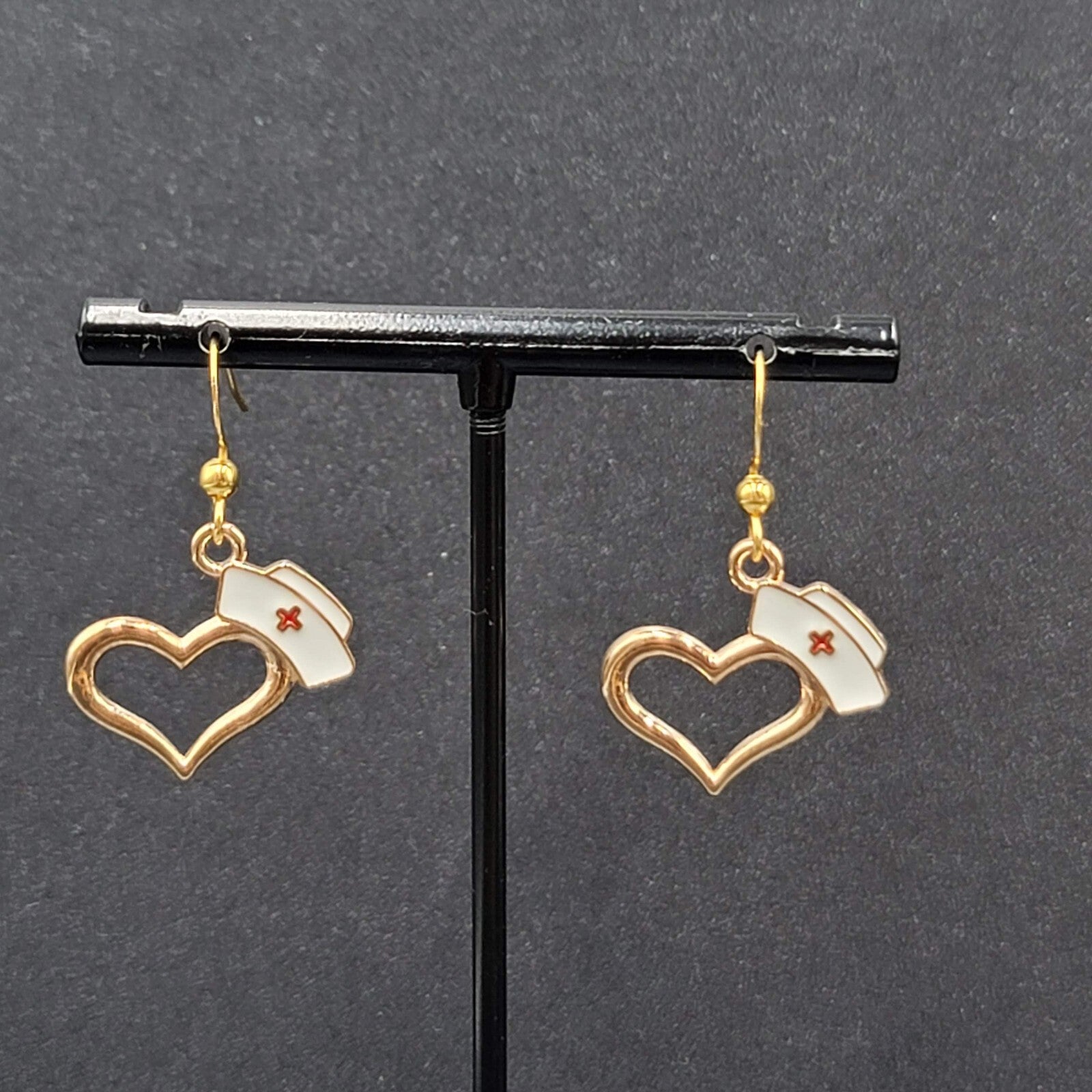 Nurse Heart Pierced Earrings Red White Enamel Gold tone Dangle 3/4"