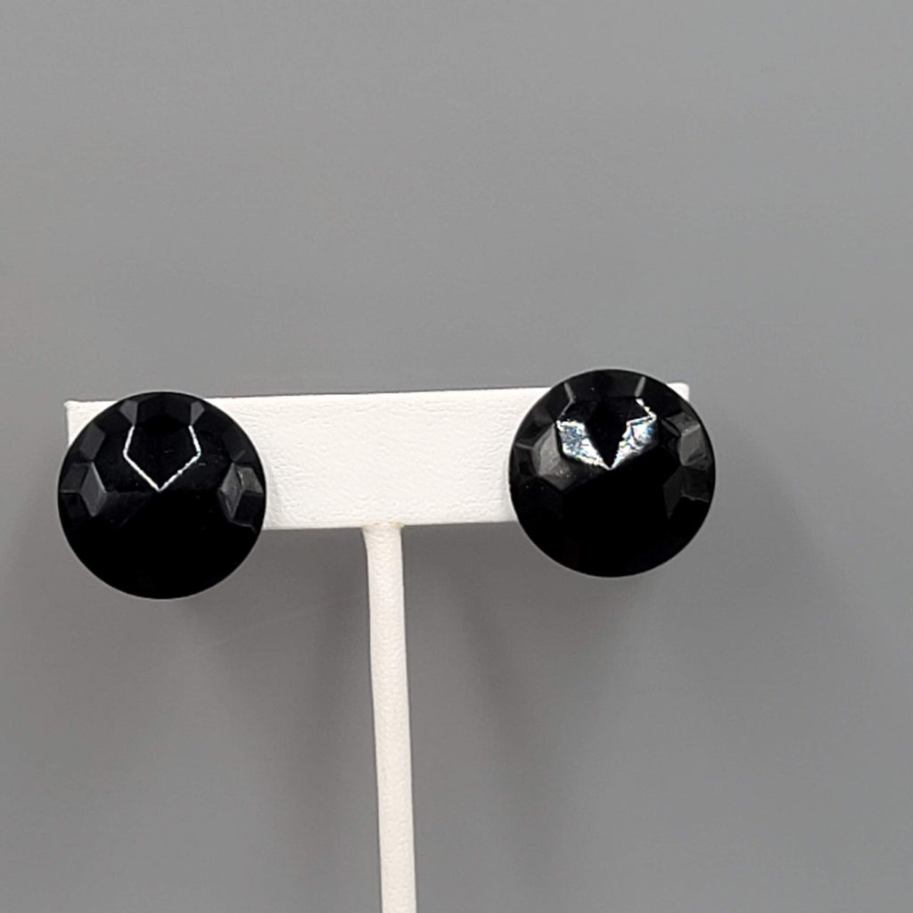 Vintage Faceted Black Glass Round Clip on Earrings 3/4"