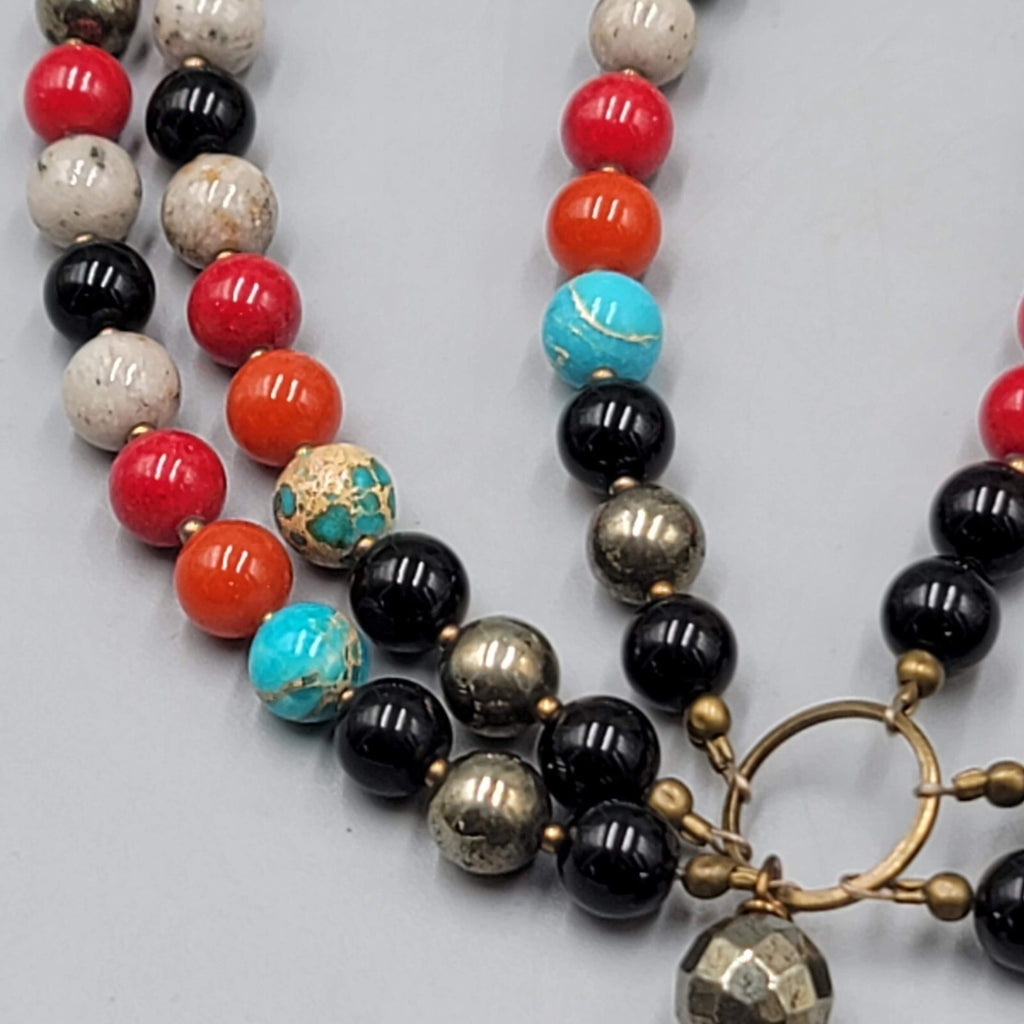 Simon & Ruby Gemstone Bead Necklace Statement Sterling Silver 28"