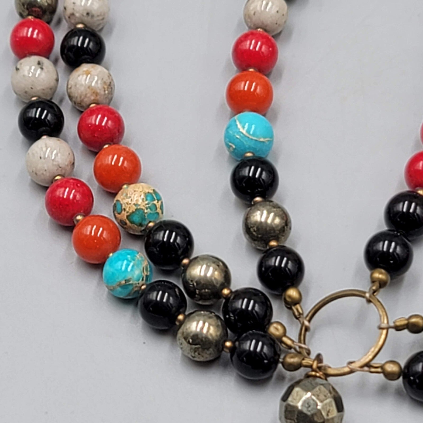 Simon & Ruby Gemstone Bead Necklace Statement Sterling Silver 28"