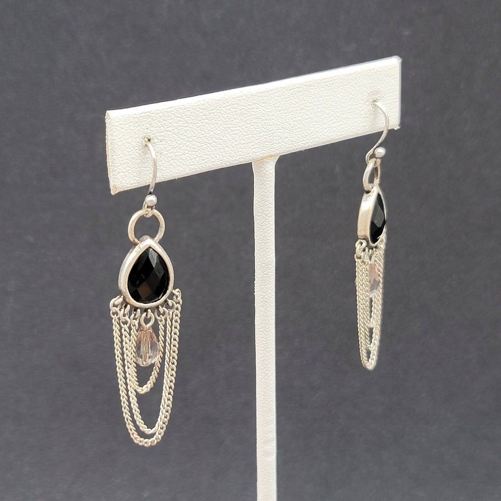 Pierced Earrings Silver tone Black Faceted Teardrop Chains  1.75"