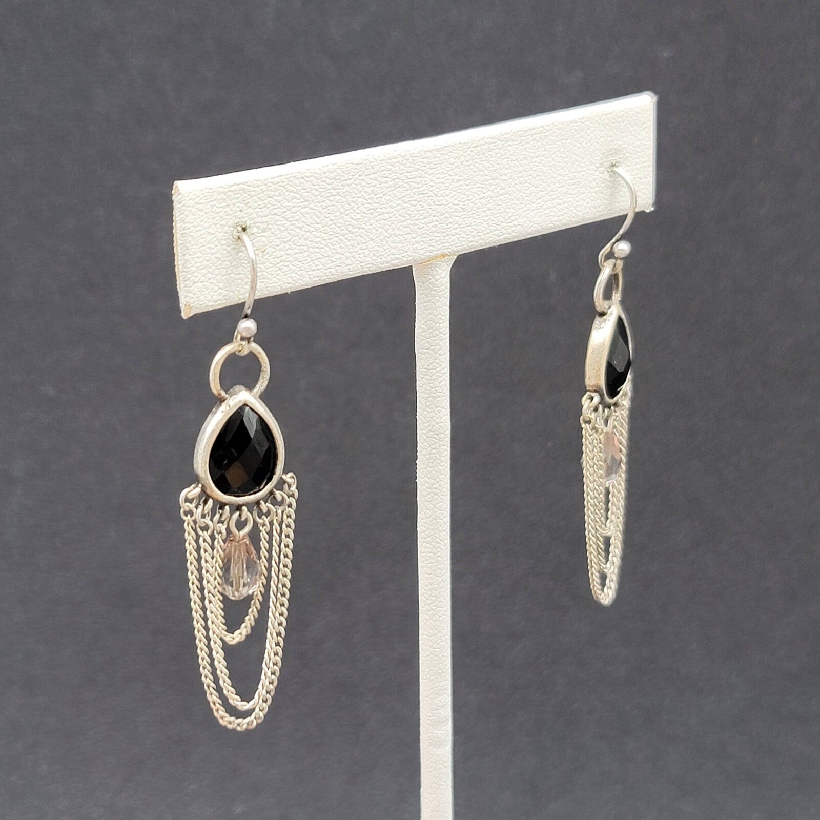 Pierced Earrings Silver tone Black Faceted Teardrop Chains  1.75"