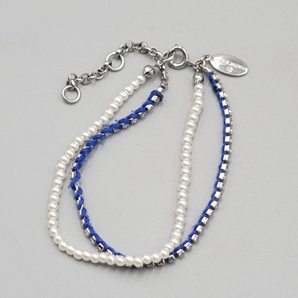 Ann Taylor Bracelet Blue White Bead Silver tone Rhinestone 6.5" - 7" - 7.5" Adj