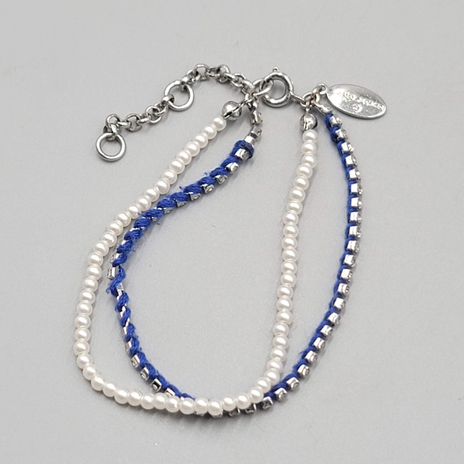 Ann Taylor Bracelet Blue White Bead Silver tone Rhinestone 6.5" - 7" - 7.5" Adj