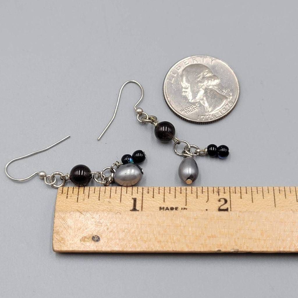 Glass Bead and Pearl Pierced Earrings Silver tone Dangle 1.25"
