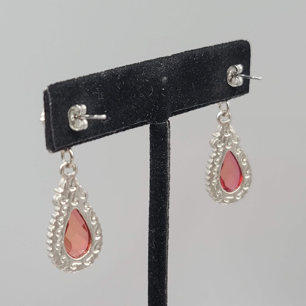 Pierced Earrings Gold tone Pink Rhinestone Teardrop Dangle 1.5"