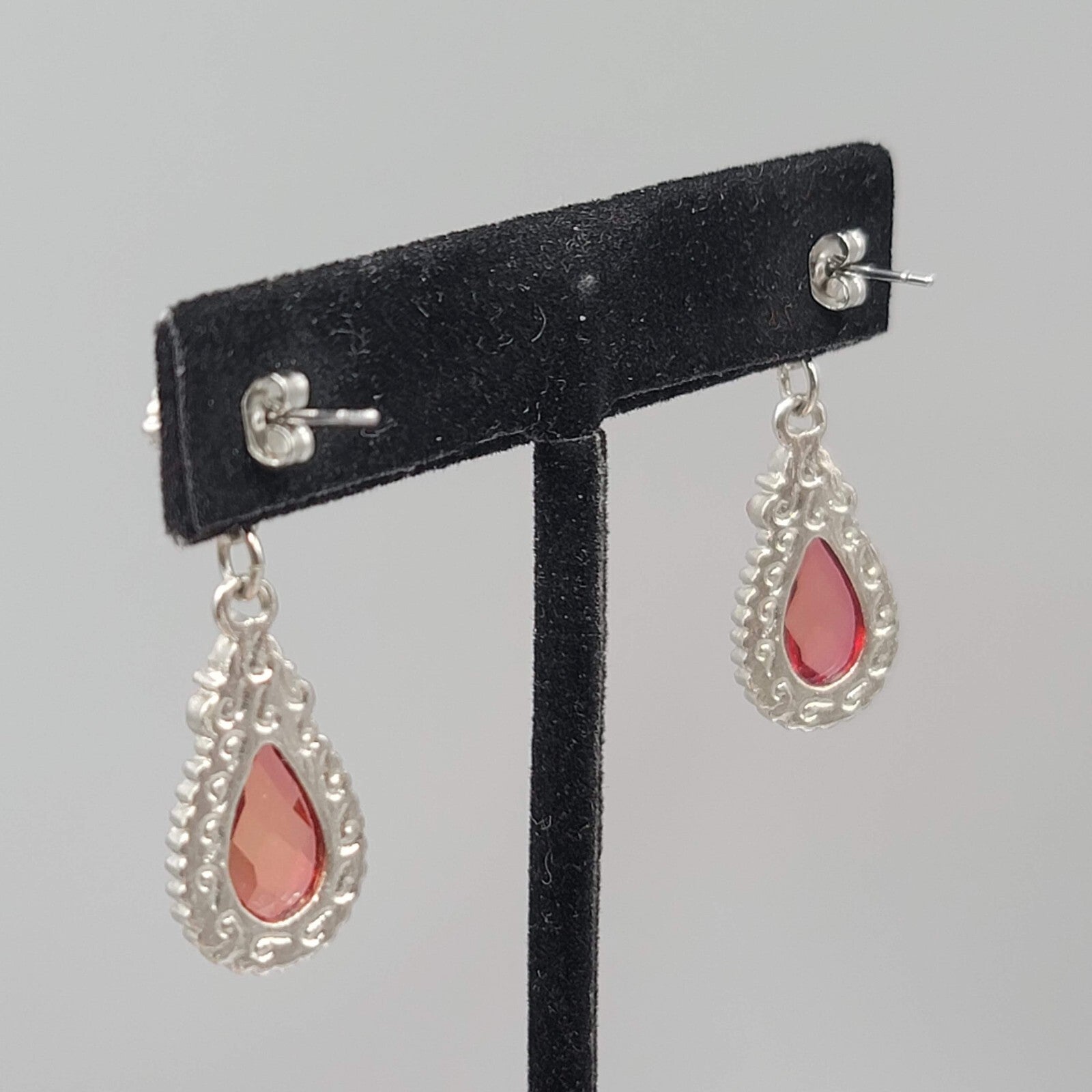 Pierced Earrings Gold tone Pink Rhinestone Teardrop Dangle 1.5"