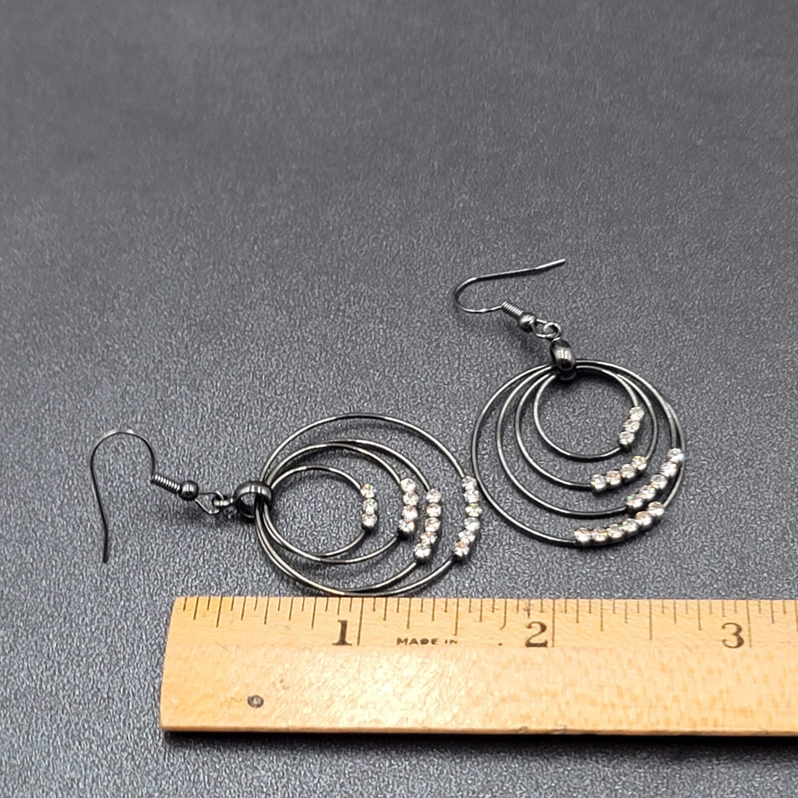 Pierced Earrings Black Metal Crystal Layered Hoops Dangle 1.75"