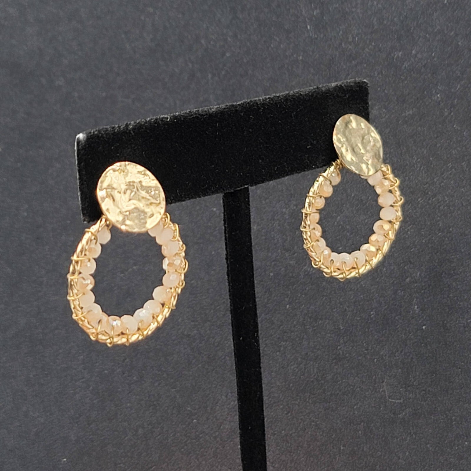 Pierced Earrings Gold tone Quartz Bead Hoops Drop 1"