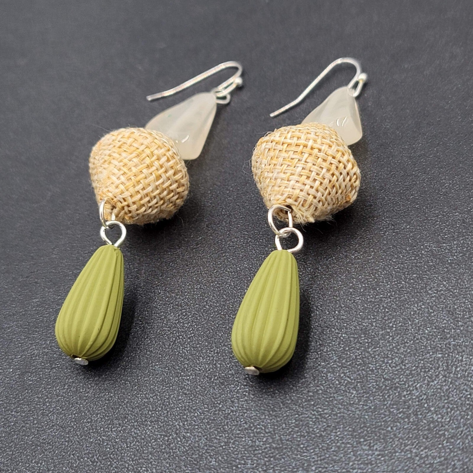 Boho Pierced Earrings Silver tone Acrylic Bead Canvas Dangle 3"