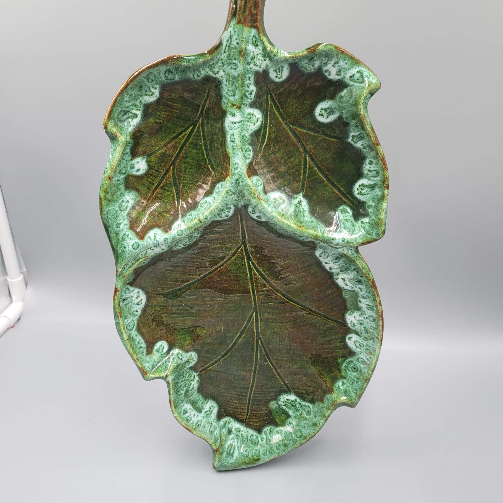 Vintage Ceramic Green Leaf Dish Drip Glaze Signed 1966 Size 13" x 6.5"