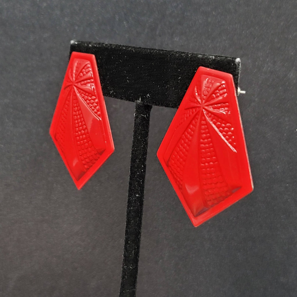 Vintage Pierced Earrings Red Embossed Enamel over Metal Drop 1.5"