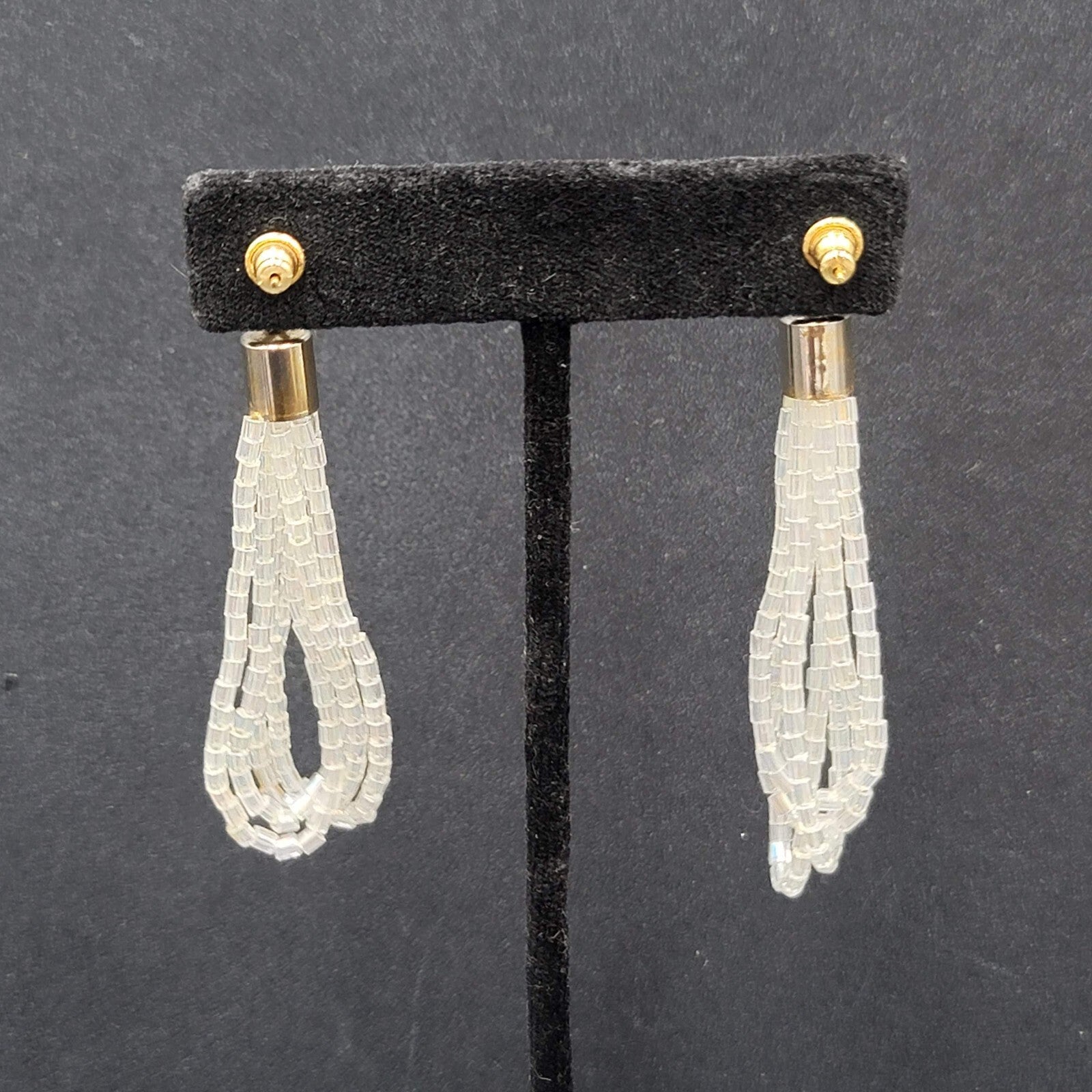 Pierced Earrings Gold tone AB White Clear Beads Dangle Loops 2.5"