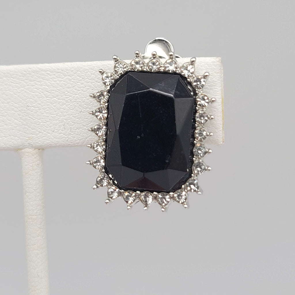 Vintage Faceted Black Glass Clip on Earrings Silver tone 1 in