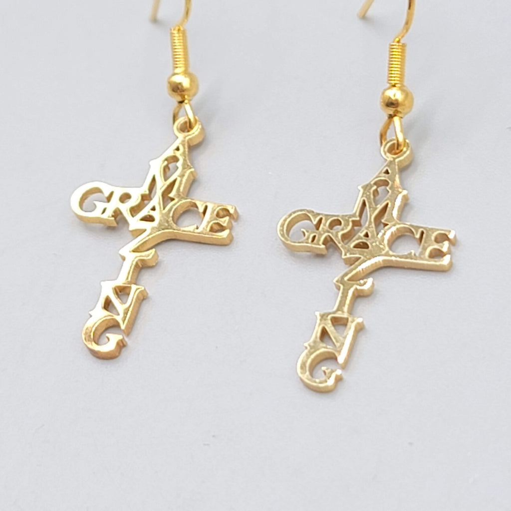 Amazing Grace Cross Pierced Earrings Gold tone Dangle 1"