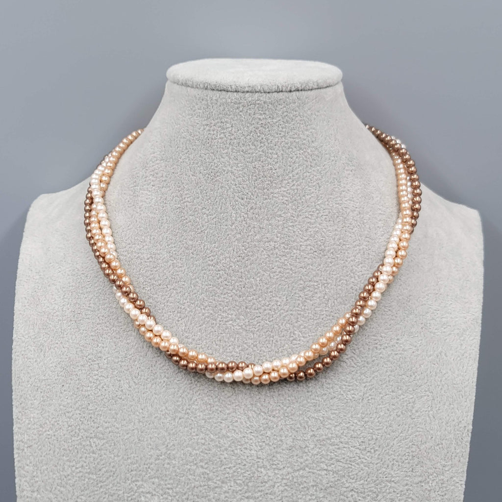 Vintage Small Bead Twist Necklace Cream Brown White Estate Costume Jewelry 16"