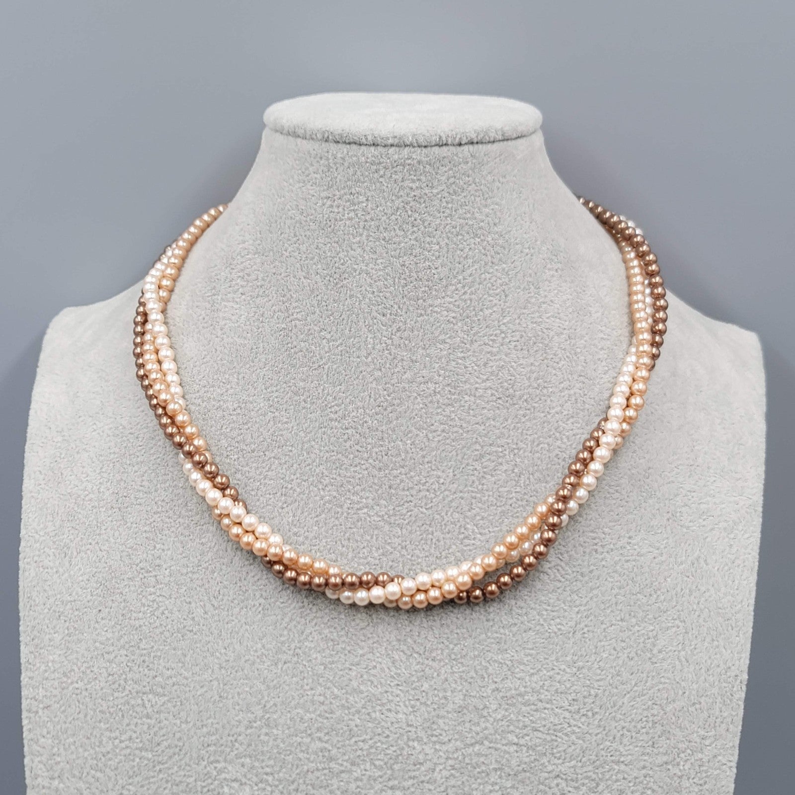Vintage Small Bead Twist Necklace Cream Brown White Estate Costume Jewelry 16"