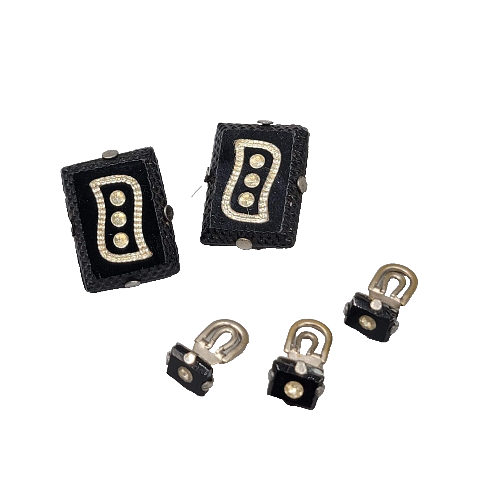 Vintage Cufflinks and Shirt Stud Set Black Glass Rhinestone Silver tone