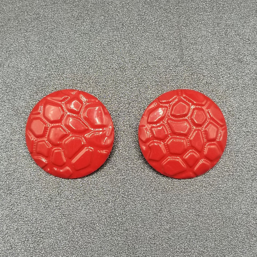 Vintage 1980's Pierced Earrings Red Enamel Textured Dome Drop 1 1/4"