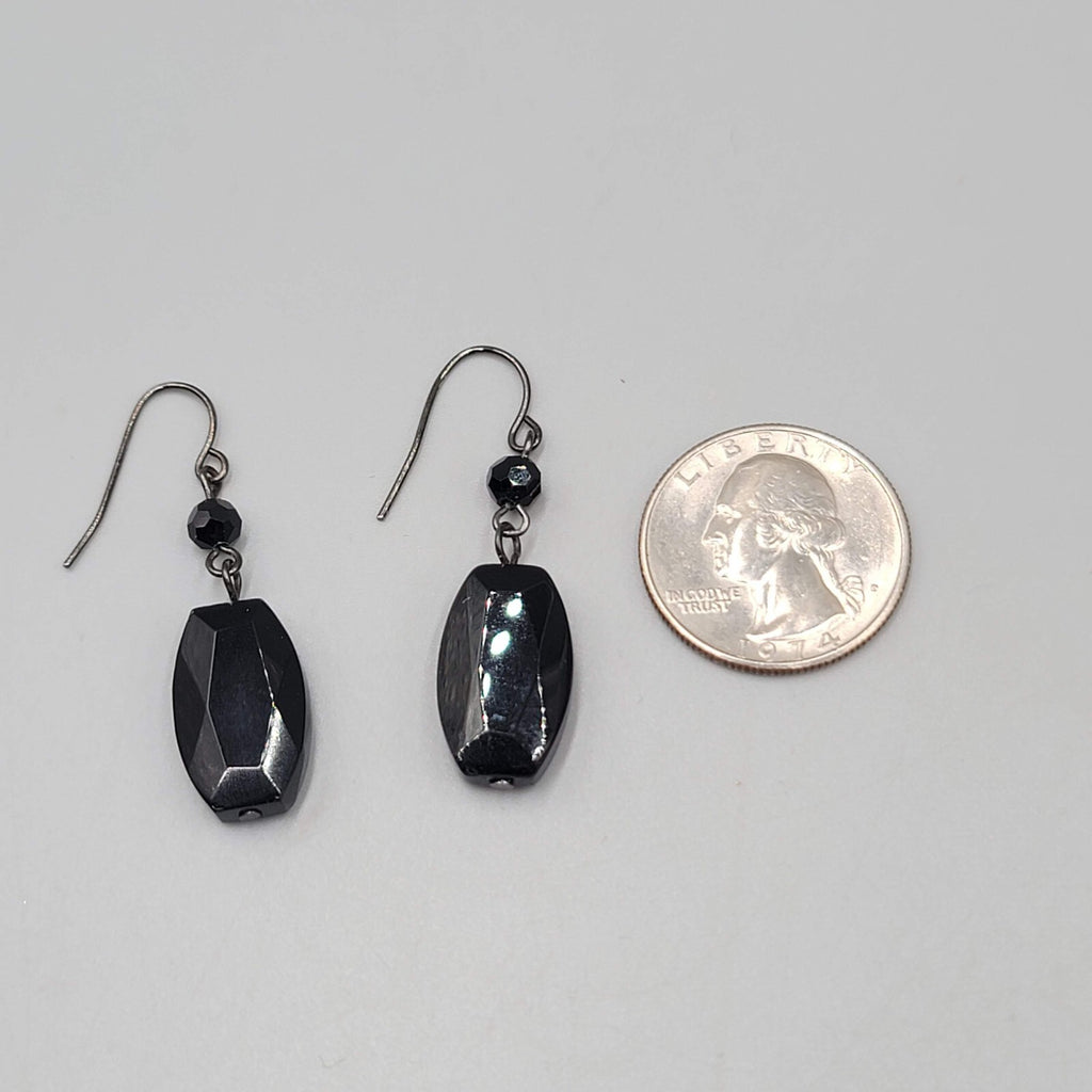 Black Glass Bead Pierced Earrings 1Black Metal Dangle 1.25"