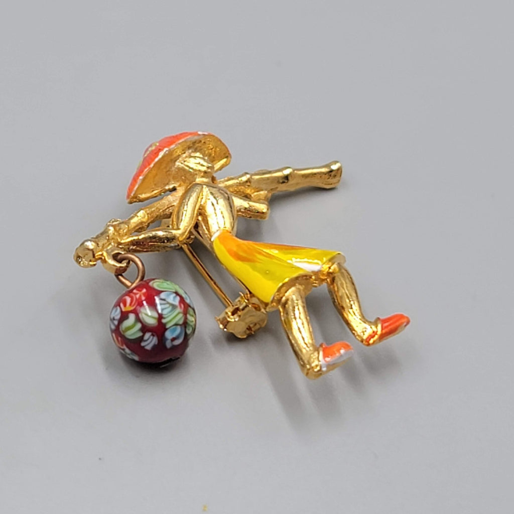 Vintage Asian Water Carrier Brooch Gold tone Enamel Flower Bead 1.5"