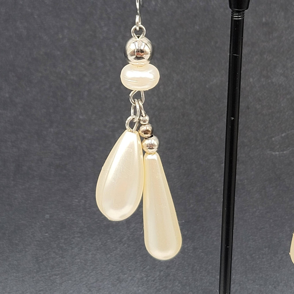 Pierced Earrings Silver tone White Teardrop Bead Dangle 2"