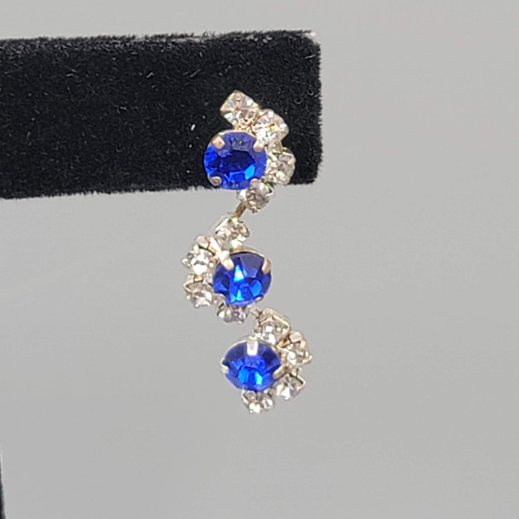 Blue Rhinestone Dangle Pierced Earrings Silver tone 1 1/8"