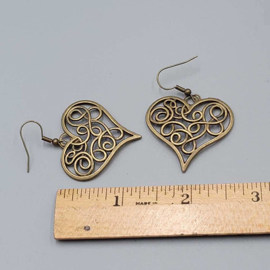 Heart Pierced Earrings Filigree Bronze tone Dangle New 1.25"