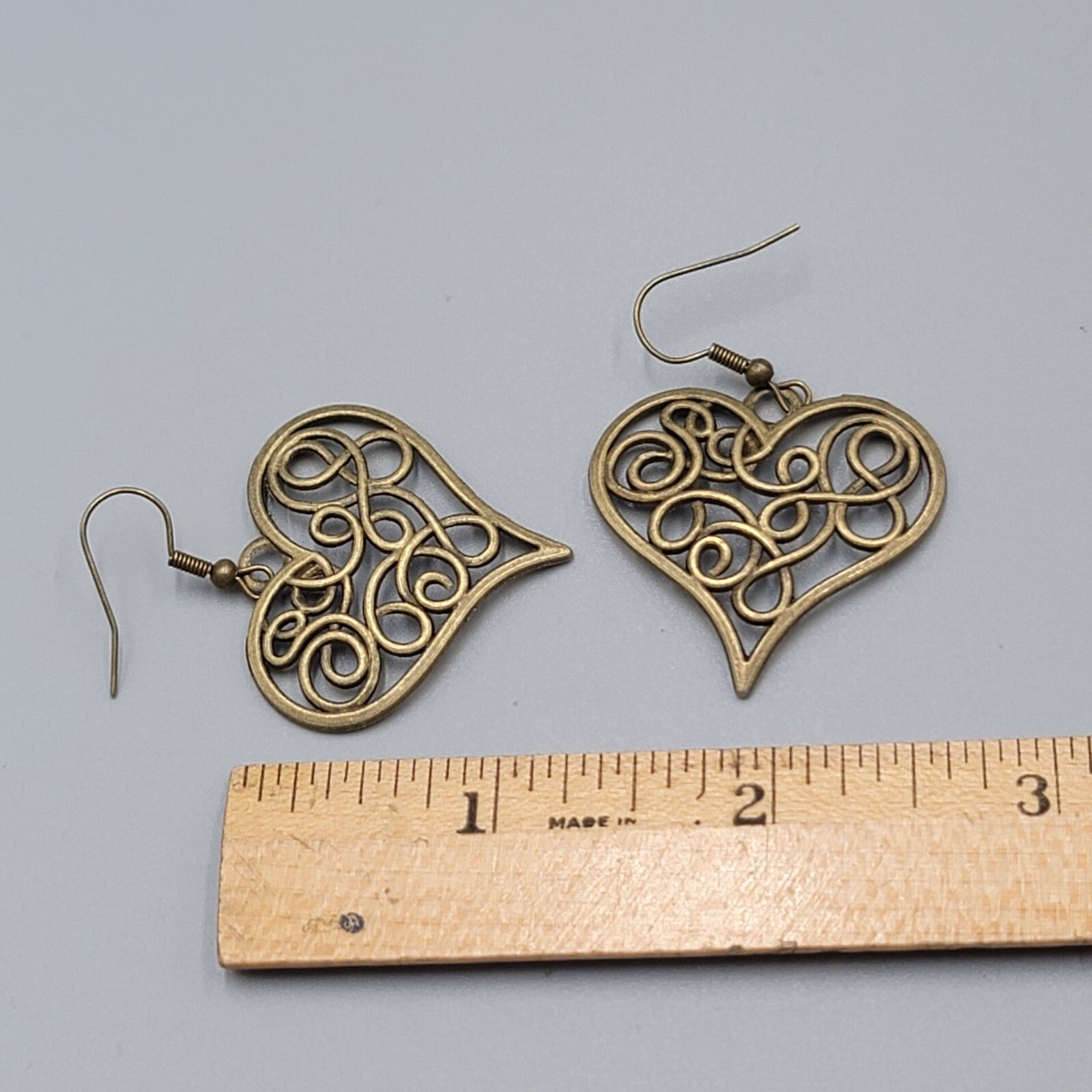 Heart Pierced Earrings Filigree Bronze tone Dangle New 1.25"