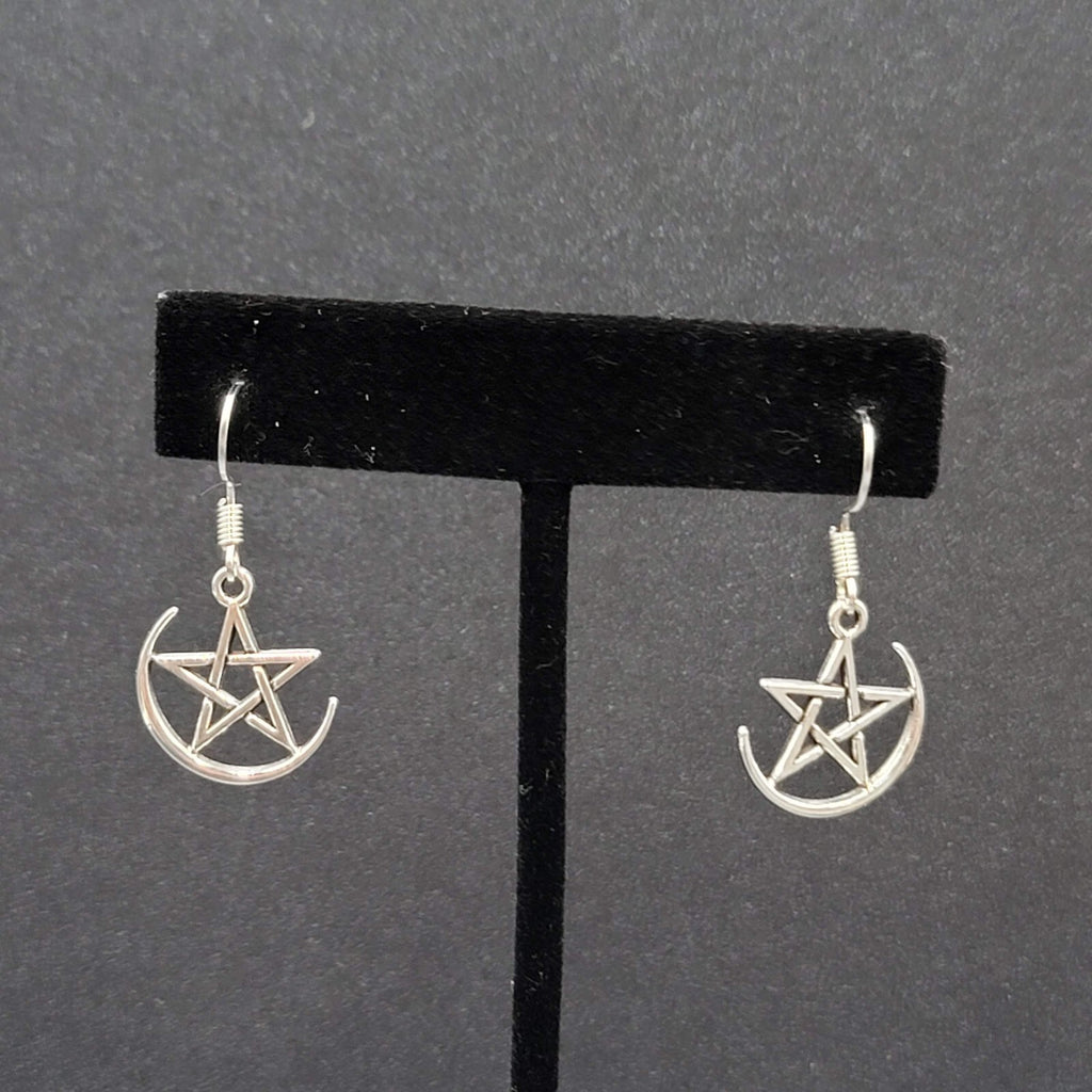 Pentagram Pierced Earrings Half Moon Star Silver tone Dangle 3/4"