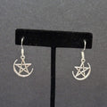 Pentagram Pierced Earrings Half Moon Star Silver tone Dangle 3/4"