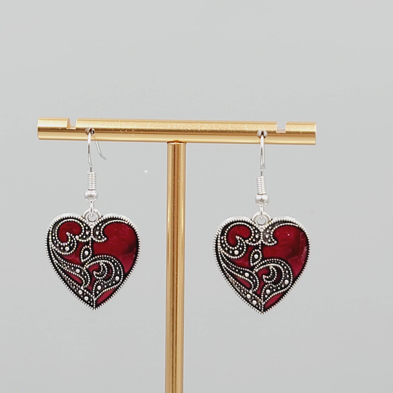 Satin Enamel Heart Pierced Earrings Black Swirl Accent Silver tone Dangle 1"