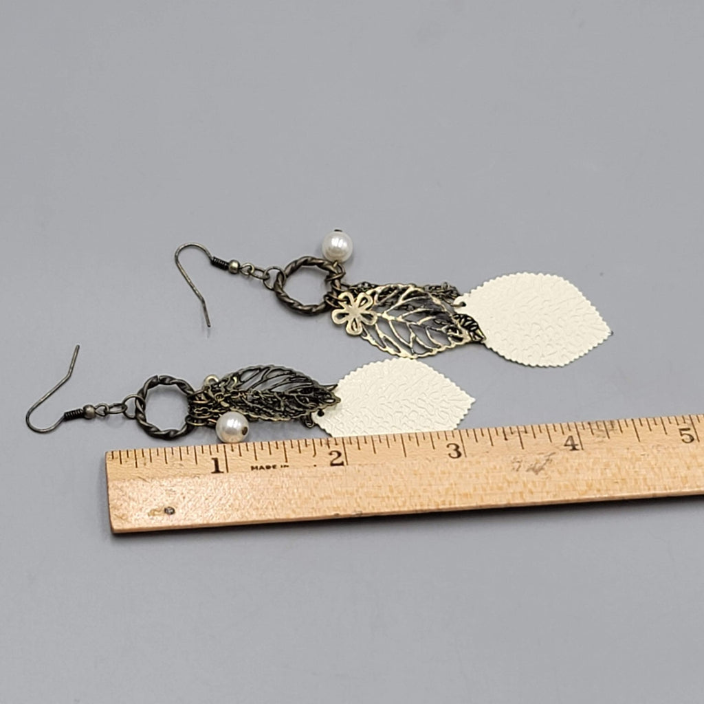 Boho White Enamel Leaf Pierced Earrings Bronze tone Dangle 3.25"